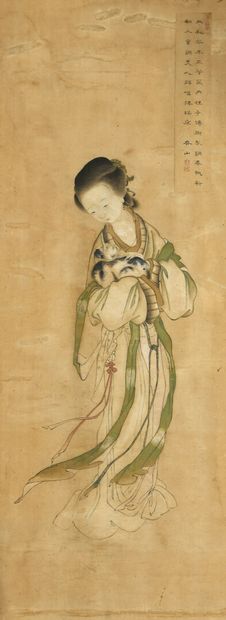 null CHINA - 18th/19th century
Ink on paper, young woman standing and caressing a...