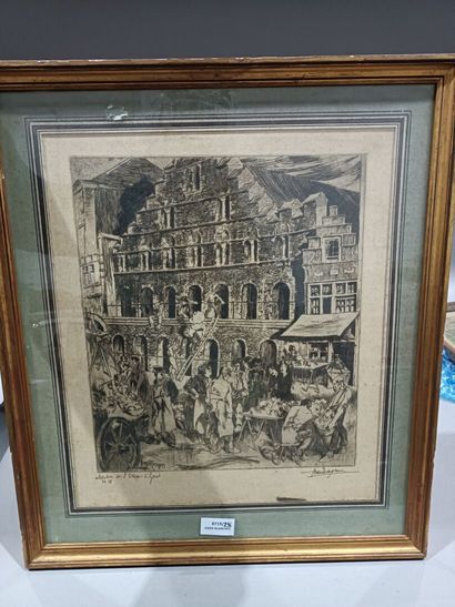 null "Maison de l'étape à Gand", eau-forte signée (illisible) Petegem.
39 x 33 c...