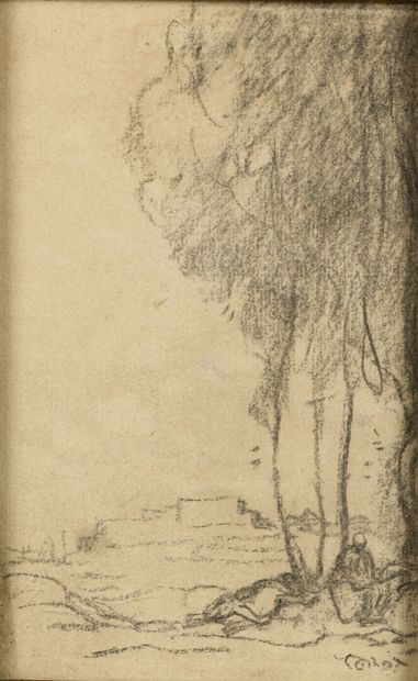 null École FRANCAISE du XIXème siècle
Paysage à la bergère sous un arbre
Crayon noir
18...