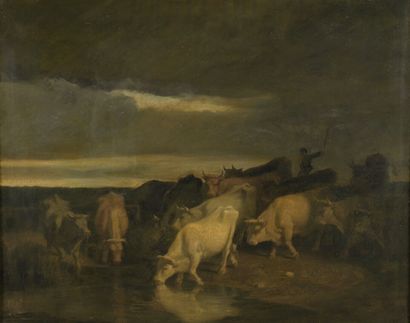 null École flamande du XIXe siècle
Vaches conduites à la marre
Huile sur toile.
65,5...