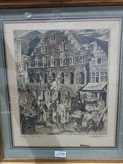 null "Maison de l'étape à Gand", eau-forte signée (illisible) Petegem.
39 x 33 c...
