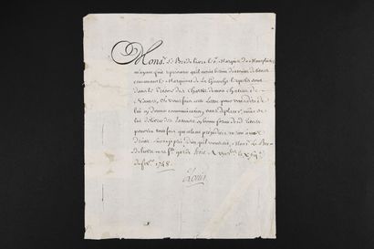 null [LOUIS XV]
Pièce signée « Louis » secrétaire. Versailles, février 1748. Consolider...