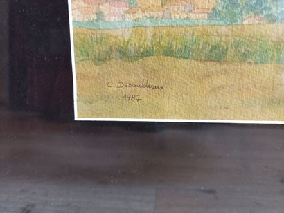 null Watercolor depicting a landscape of fields on a cloudy day.
Signed C. DESOUBLIEUX...