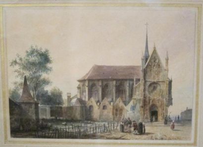 François VILLERET (c. 1800 - 1866) Vue d'église Aquarelle et gouache signée en bas...