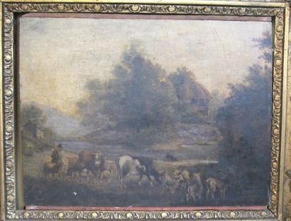 Ecole française du XIXe siècle Paysage au troupeau Huile sur panneau. 16,5 x 22 ...