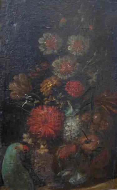 Ecole du début du XVIIIème siècle. Fleurs et perroquet. Huile sur toile. Accidents....