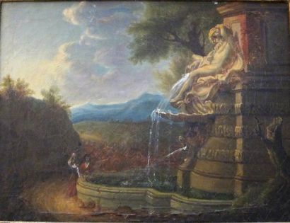 Ecole française du XIXème siècle Fontaine italienne dans un paysage Huile sur toile...