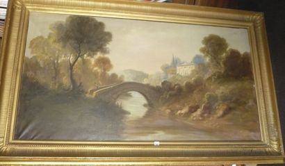 École italienne fin du XIXe siècle Paysage au pont Huile sur toile (porte une signature)....