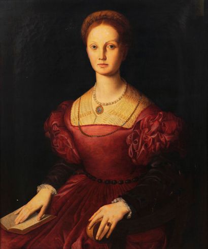 École italienne du XIXe siècle Portrait de femme tenant un livre d'après Bronzino...