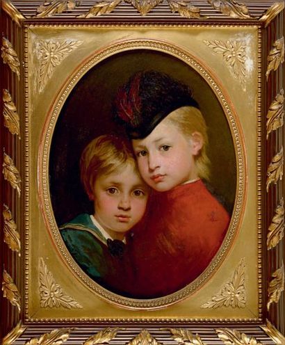 Ernest SLINGENEYER (1820-1894) Portrait de ses deux enfants Huile sur panneau ovale....