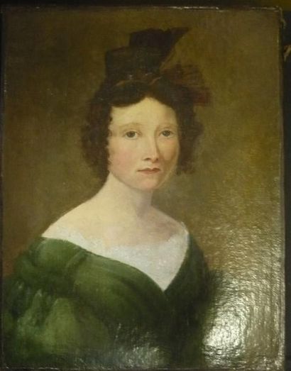 École française XIXe siècle Portrait de femme à la robe verte Huile sur toile rentoilée....