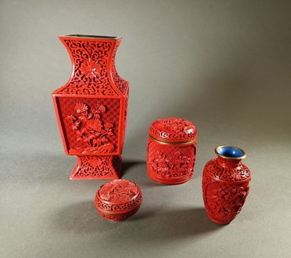 CHINA, 20th century.
Two red lacquered brass...