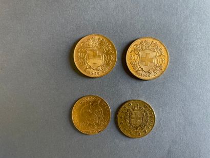 null *Lot de quatre pièces en or :
-Deux pièces de vingt francs suisse 1900 et1935,...