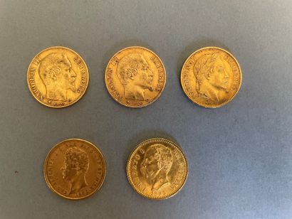 null *Lot de cinq pièces en or :
-3 pièces de 20 francs Napoléon III, 1859 et 1860...