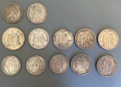 null France - XIXe/XXe siècle.
Lot de 12 monnaies argent (20 Francs Turin, 50 francs...