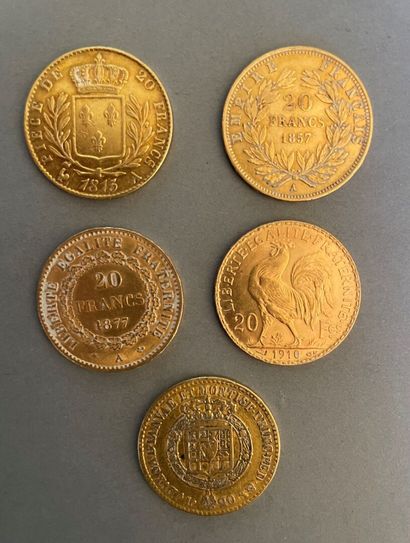 null *Lot de cinq pièces en or : quatre pièces de 20 francs et
une pièce de 20 Lires
-...