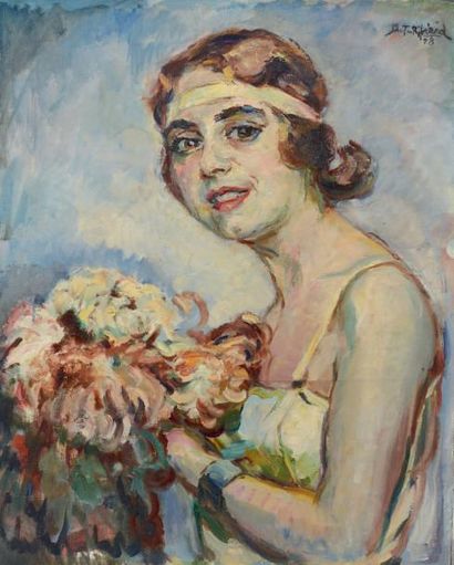 Richard DURANDO-TOGO (né en 1910) Jeune femme au bouquet de fleurs, 1928 Huile sur...