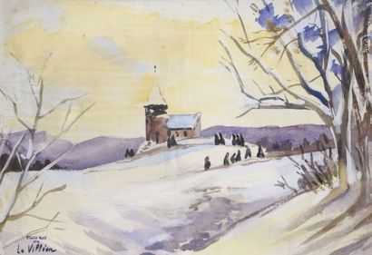 Éliane de LA VILLÉON (1910-1969) Paysage enneigé Aquarelle, signée en bas à droite...