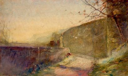 François-Auguste RAVIER (1814-1895) Paysage au mur Aquarelle. 26 x 41 cm à vue
