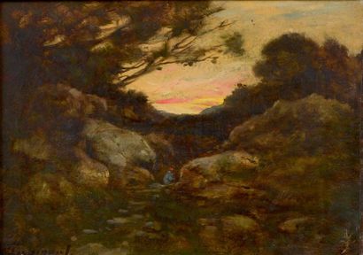 Henri HARPIGNIES (1819-1916) Personnage entre les rochers au crépuscule Huile sur...