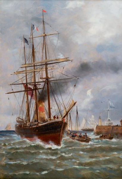 ÉCOLE FRANÇAISE du XIXe siècle (A. FANCHON) Le Havre, 1882, Bateaux devant la jetée...