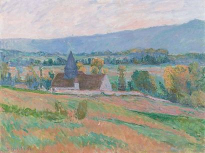 Blanche HOSCHEDE-MONET (1865-1947) L'église de Giverny Huile sur toile. Signée en...