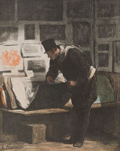 D'après Honoré DAUMIER L'amateur d'estampes. 1905. Gravure sur bois par Prunaire....