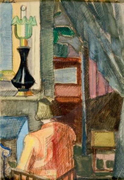 André LHOTE (1885-1962) Marguerite dans l'atelier du peintre, vers 1915 Crayon, aquarelle...