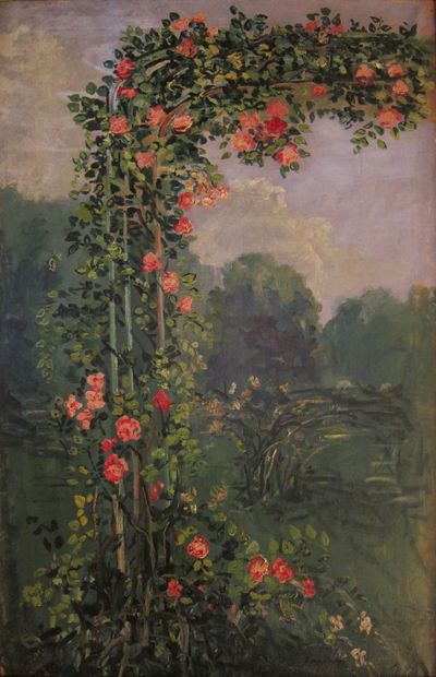 Pierre LAPRADE 1875 - 1931) : 
Roses trémières devant un parc

Huile sur toile, signée...