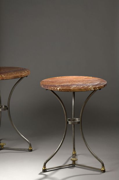 Pair of pedestal tables in steel and gilt-chased...