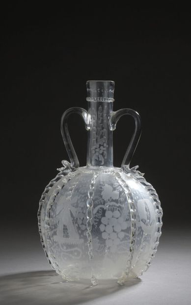 Glass bottle engraved with mills and vine...