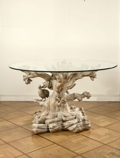 Curious dining room table; the circular glass...