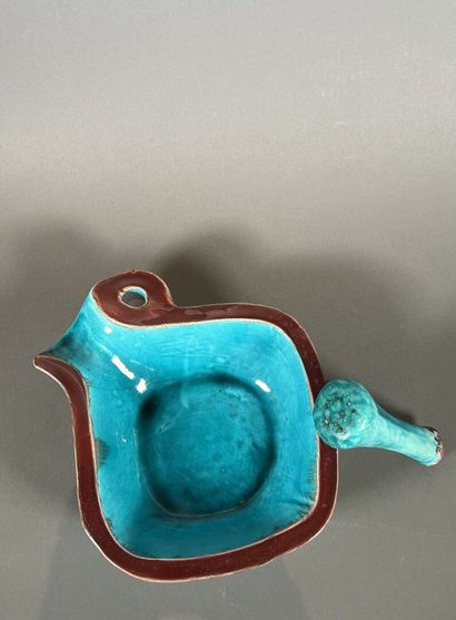 null ACCOLAY
	Ceramic mortar with fish-shaped pestle. Turquoise and brown enamel...