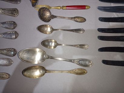 null Set of various silver-plated containers and cutlery, mismatched.