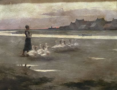 null Fernand BLAYN (1853-1892) 
Goose keeper
Oil on canvas signed lower right .
54...