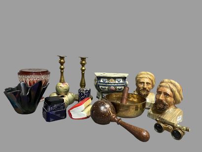 null Lot of trinkets including two gilt bronze torches, binoculars, glassware, vase...