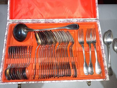 null Set of various silver-plated containers and cutlery, mismatched.