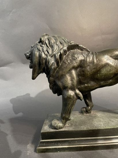 null After Antoine Louis BARYE (1795-1875). 
Walking Lion. 
Green patina bronze proof,...