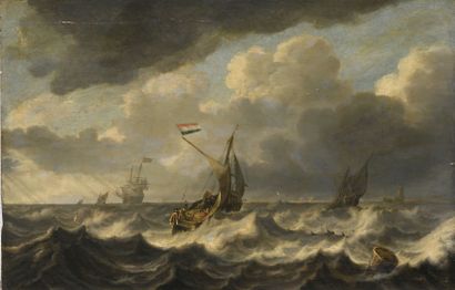  Bonaventura I PEETERS (Anvers 1614 - Hoboken 1652)
Dauphins près de navires hollandais
Panneau... Gazette Drouot