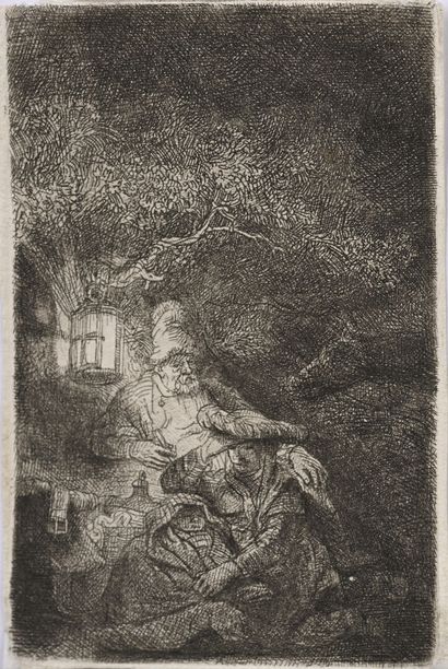  REMBRANDT VAN RIJN (1606-1669)
Le repos pendant la fuite en Egypte, planche de nuit.
Eau-forte,... Gazette Drouot