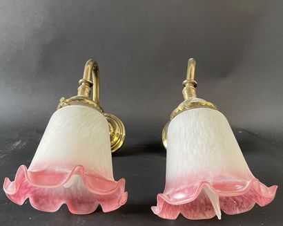 null Pair of brass sconces with purple marbled glass tulip.
Total height: approx....
