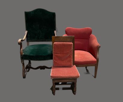 null Set of three chairs:
Molded wood armchair with high back, cross arms,
Louis...