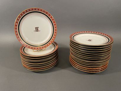 null Part of a table service in red filet porcelain with JFL numerals, comprising...