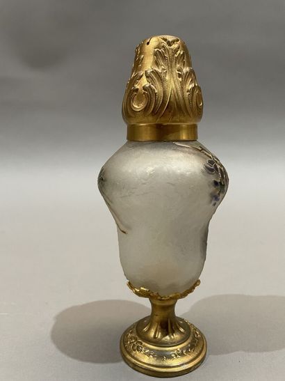null Frosted glass bottle with wisteria enamel, gilded metal frame;
In its case.
Height:...