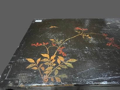 null Pair of wooden cabinets painted on marouflaged canvas with prunus decoration...