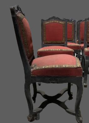null Suite of 7 dining chairs in blackened wood with X braces. 
Regency style. 
92...