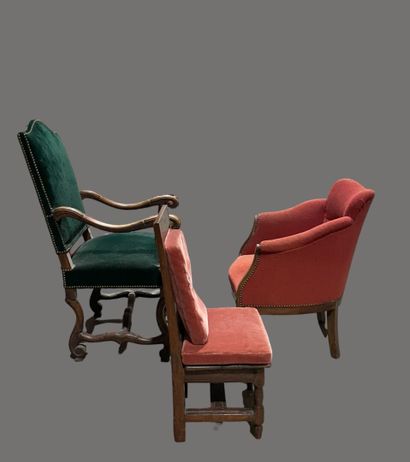 null Set of three chairs:
Molded wood armchair with high back, cross arms,
Louis...