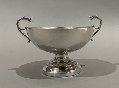 null Silver footed bowl with dolphin head handles.
Bears an inscription.
Height :...