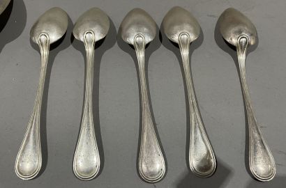 null Set of silver flatware including 5 coffee spoons, 3 table spoons, salad servers,...