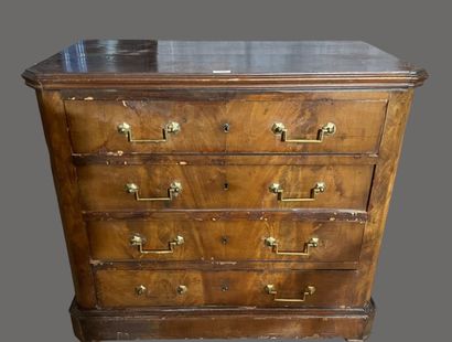 null Mahogany veneered straight chest of drawers with four drawers on plinth. 
19th...